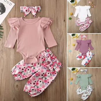 

Baby Set 3Pcs Newborn Baby Girl Romper Floral Pant Headband Set Cotton Bow Print Ruffles Long Sleeve Autumn Spring Free Shipping