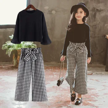 

2020 Kids Girls Clothes Sets Long Sleeve T-shirts + Plaid Wide Leg Pants Autumn Children's Clothing Teenage for 7 8 10 12 Years