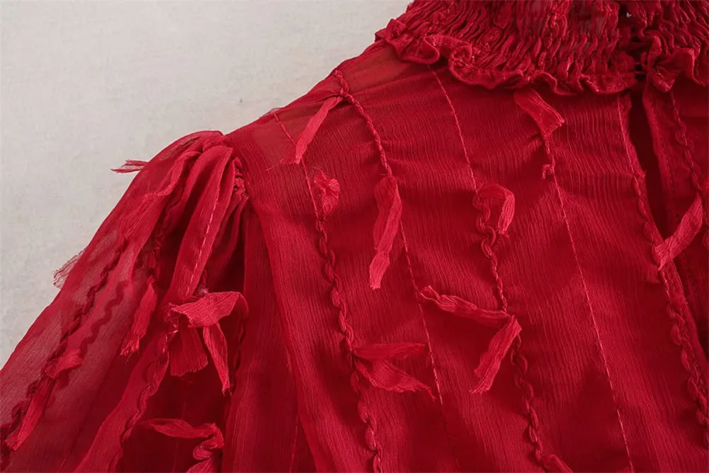 ZA Tassel красная женская рубашка, трендовая Новинка, гофрированная черная рубашка из органзы с длинным рукавом, Женская кружевная рубашка с цветами, Рождественская