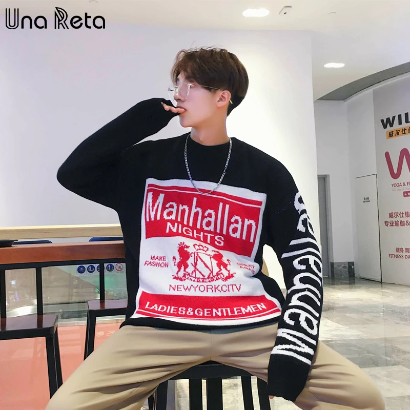 Una Reta уличная одежда мужской свитер осенне-зимний пуловер с принтом в стиле хип-хоп размера плюс мужской свитер Свободный Мужской свитер - Цвет: Черный