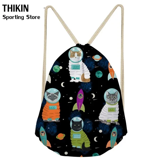 THIKIN Galaxy Star Space Cat Print Women Men Small String Drawstring Bag Outdoor Fitness Backpack Gym Sack Teen Girl Boy Bagpack - Цвет: as picture