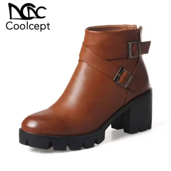 

Coolcept Women Ankle Boots Fashion Buckle Round Head Back Zipper Winter Boots Square High Heels Platform Pu Leather Size 33-43