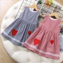 Хлопковое клетчатое платье с сердечками для девочек; детское платье с бантом на спине для девочек; летнее платье принцессы для девочек; одежда для детей;