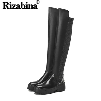 

RIZABINA Women Rivet Over The Knee Boots Flats Platform Real Leather Winter Boots Thick Sole Woman Shoes Footwear Size 34-39