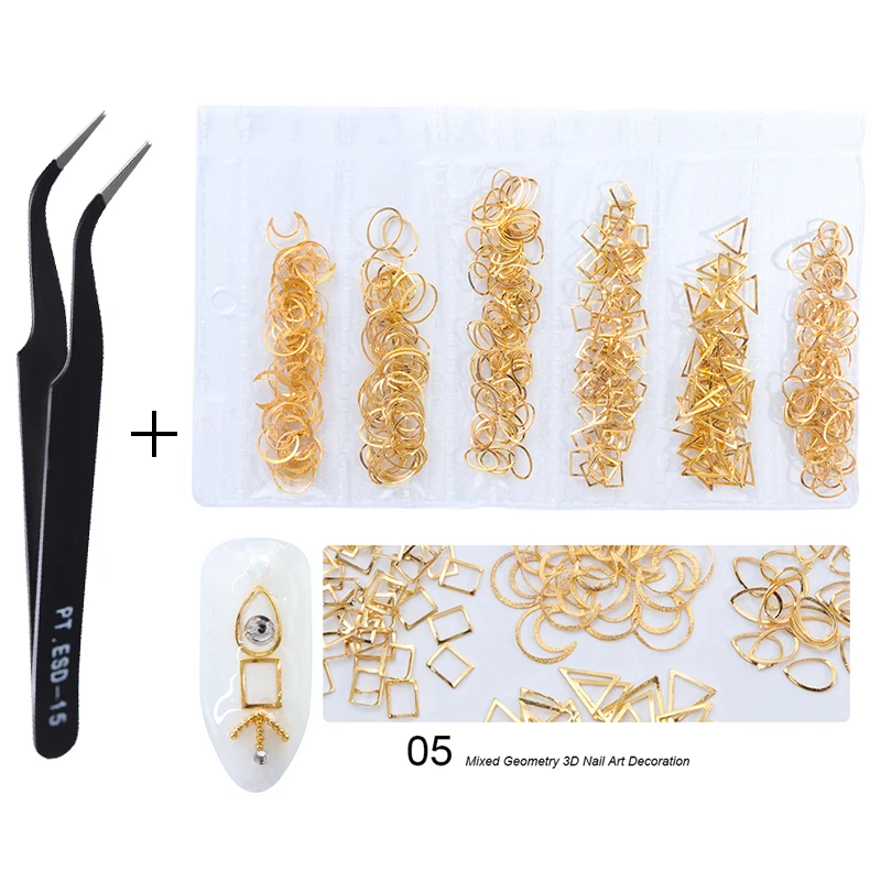 1 упаковка Смешанные 3D DIY Полые металлизированные для дизайна ногтей украшения золотые заклепки аксессуары для маникюра DIY оболочки слайдер украшения для ногтей с пинцетом