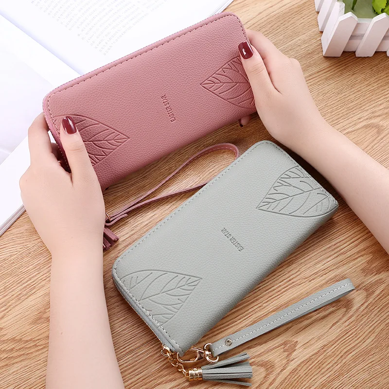

Fashion Women Long Wallet with Leaf Pattern Tassel PU Leather Cluths Multi-function Ladies' Card Holder Female Coin Purse Wallet