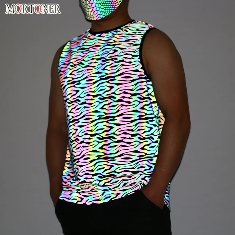 

MORTONER Fashion Zebra Print Reflective Tank Tops Men MTB Road Bike Bicycle Sleeveless Shirt Fluorescent Night Sporting Tshirt