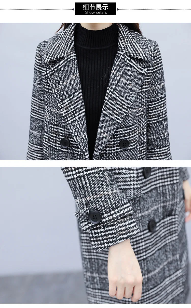 New Style Autumn& Winter Thick Quilted Thousands of Birds Woolen Jacket Women's Mid-length Double Breasted Trench Coat