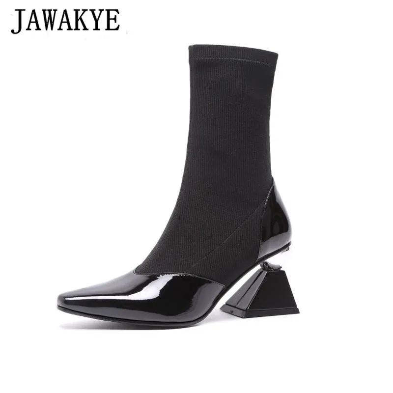 

2019 Autumn New Geometric Metal Heels Sock Boots Women Chic Pointed Toe Elastic Slip On Shoes Women Patchwork Short Dress Boots