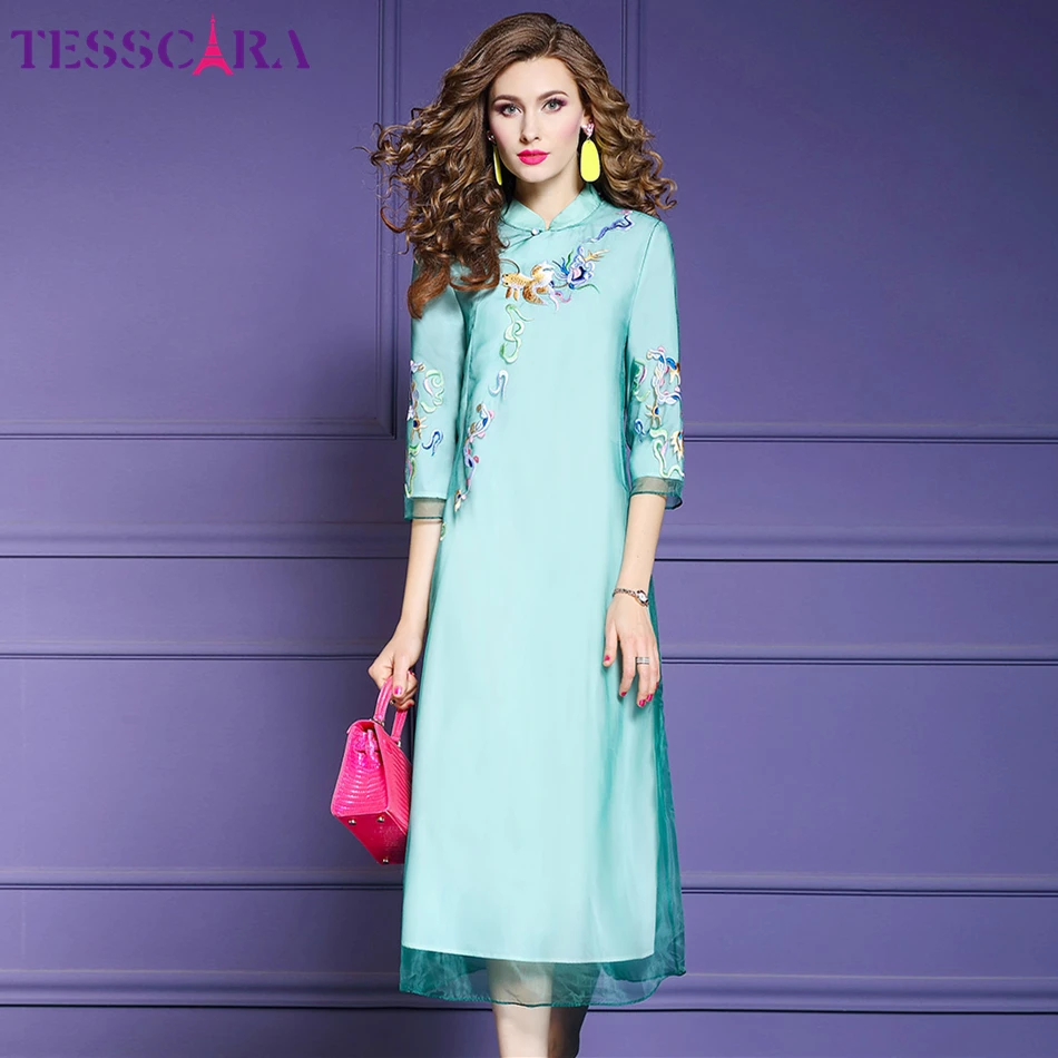 

TESSCARA Women Autumn Embroidery Chiffon Dress Female Elegant Chinese Style Robe Femme Designer High Quality Casual Vestidos