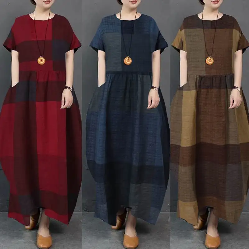 Women Short Sleeve Maxi Long Dress Summer Plaid Checked Sundress 2020 ZANZEA Robe Party Baggy Femme Plus Size Kaftan Vestidos