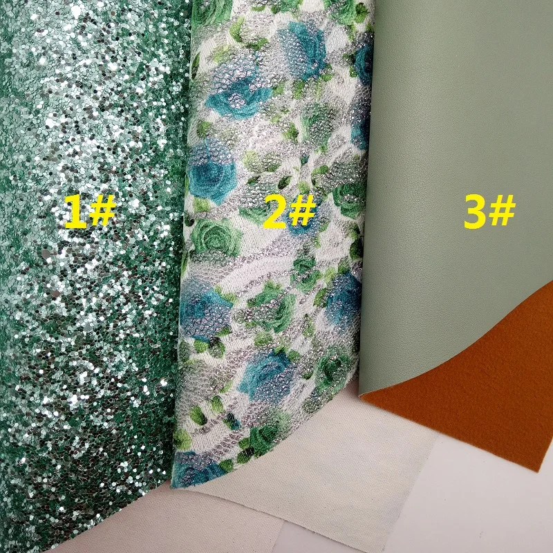 GREEN Glitter Fabric, Rose Flowers Lace glitter, Synthetic Leather Fabric Sheets For Bow A4 21x29CM Twinkling Ming XM753 - Цвет: 1 set