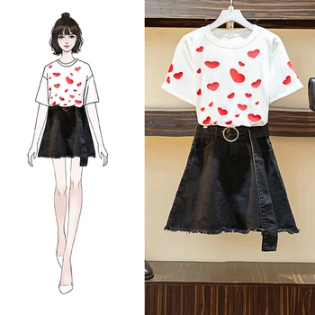 

2020 Summer Women's Two-piece Set Korean Casual Heart Print O-Neck Short Sleeve T-Shirt + Denim Skirt Female Outfits Sashes
