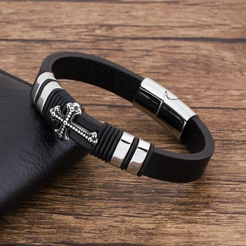 

Gothic Bracelet Braided Leather Bracelet Punk Cross Accessories Handmade DIY Men's Fashion Bracelet Black Genuine Leather
