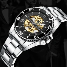 BIDEN Reloj de pulsera automático para hombre, resistente al agua, diseño hueco, espejo Hardlex