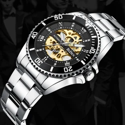 BIDEN Reloj de pulsera automático para hombre, resistente al agua, diseño hueco, espejo Hardlex