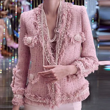 

CHIC 2020 New Women Pearl Tassels V-neck Tweed Jackets Europe French Style Ladies Tops Outerwears Free Drop Shipping Wholesale