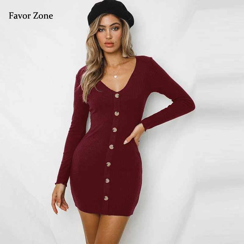 

Knitted Dress Autumn Knitting Cotton Long Sleeve Warm V-neck One Row Button Bodycon Mini Sexy Winter Dress Women Black Vestidos