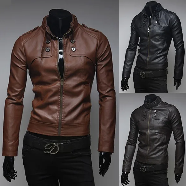 EBay алиэкспресс Лидер продаж Новые продукты корейский стиль Slim Fit Стенд воротник мужское локомотивное кожаное пальто из искусственной кожи Py30
