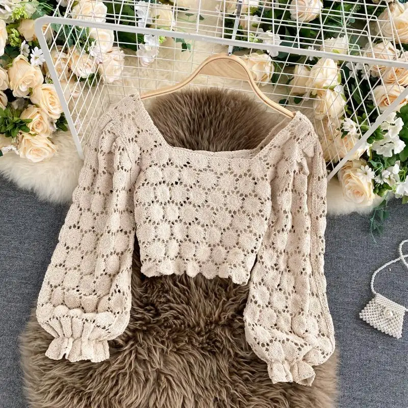 Женский укороченный топ с рукавами-фонариками вязаный крючком Топ в стиле ретро