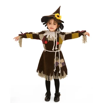 

Pumpkin Patch Scarecrow Costume Toddlers Dress+Hat+Belts+Flower Kids Halloween Party Wear Wizard Of Oz Dress up Cosplay Clothing