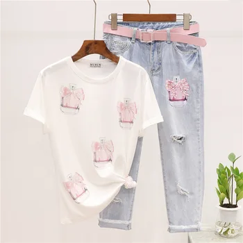 

2020 Summer Woman T shirt Fashion Beading Perfume Bottle Print Short Sleeve T-shirt + Hole Nine Points Jeans 2 Piece Set D3579