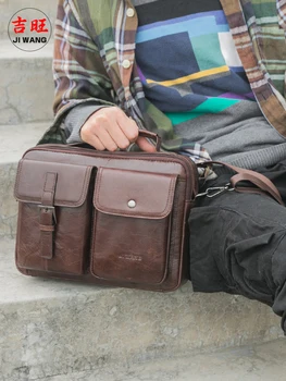 

JI WANG Genuine Leather Men's Bag Crazy Horse Shoulder Bags Crossbody Bag Messenger Bag Handbag Men Laptop Bag Office Bags Soft