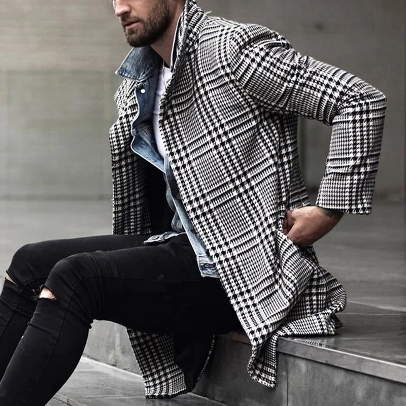 

Korean Men Wool Blends Coats Overcoat Male Winter Warm Clothes Wool Outwear Long Black White Plaid Blends Male Coat Plus Size