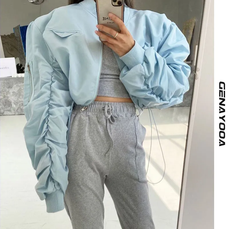Genayooa Streetwear 2021 Spring Autumn Chic Jaket Women Clothes Korean Style Coat Ladies Pleated Lace Up Long Sleeve Jackets | Женская