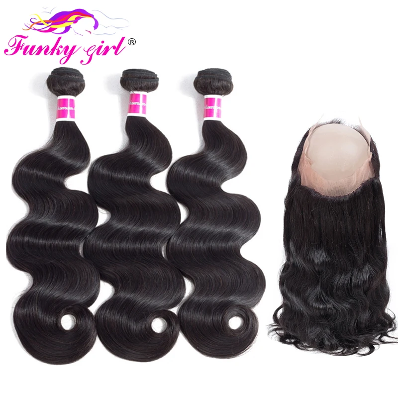 

Funky Girl Peruvian 360 Lace Frontal Closure With Bundles Body wave Human Hair Weave Lace Closure With Baby Hair Non Remy 4pcs