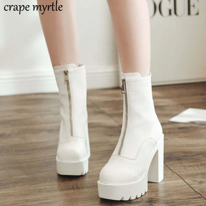 Botas Mujer Fashion Women Boots Square Heel Platforms Zapatos Mujer PU Leather Thigh High white Boots Motorcycle Shoes YMA904