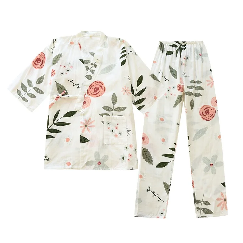 Women Pajamas Set Rose Printed Ladies Kimono Style Loose Thin V-Neck Three-Quarter Sleeves Gauze Cotton 2Pcs Sleepwear Loose Homewear women pajamas set women pajama suit