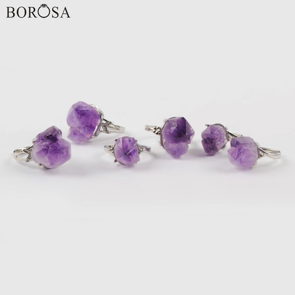 BOROSA 10 шт. с серебряной рамкой коготь аметисты граненое открытое Ювелирное кольцо Смешанные Различные размеры ободок фиолетовые кварцевые кольца ZG0432