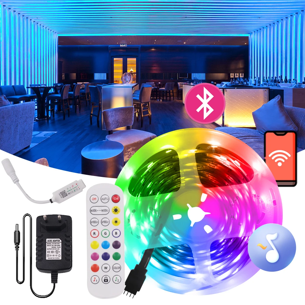 

Bluetooth RGB LED Strip DC12V 5050 Flexible Ribbon RGB Led Light Strip 5M 10M 15M 20M Tape Diode TV Backlight EU/US/UK/AU Set