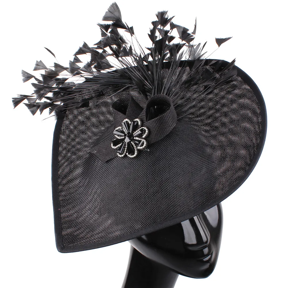 Винтаж черный имитация льняные Fascinators с красный цветок перо горный хрусталь свадьбы церковная фетровая шляпа-таблетка Для женщин котелки