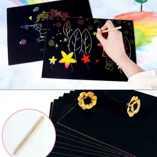 MOHAMM 100 Sheets Black Glitter Laser Magic Scratch Paper Art Set with 2 Wooden  Stylus for DIY Art Craft Drawing Kids Gift Card - AliExpress