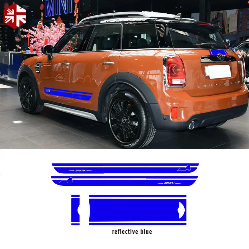 reflective blue Автомобильный капот, багажник, двигатель, задняя сторона, полосы, юбка, наклейка на тело, комплект для MINI Countryman F60 JCW ALL4, рабочий стиль,-настоящее время - Название цвета: reflective blue