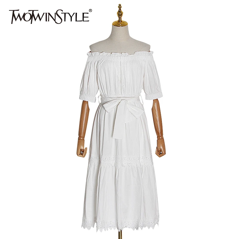 

TWOTWINSTYLE Patchwork Lace Bowknot Dress For Women Slash Neck Short Sleeve High Waist Lace Up Dresses Female Spring 2020 New