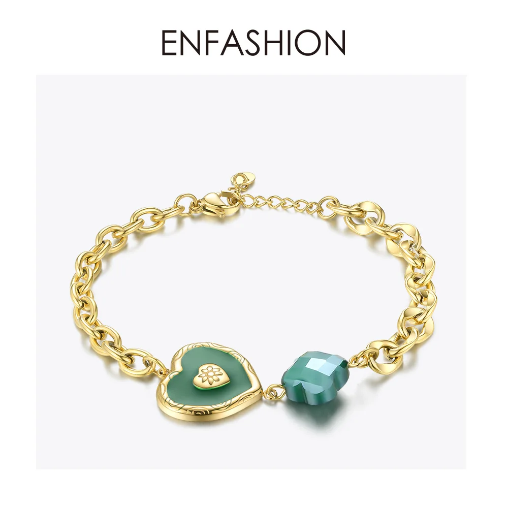 ENFASHION Цвет Фул, браслет в виде сердца, Femme цвета: золотистый, Цвет геометрический Нержавеющая сталь полые Браслеты для Для женщин Модные украшения B192066 - Окраска металла: Green