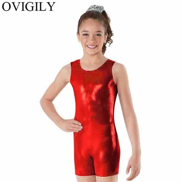 Red OVIGILY/Красная Майка для девочек, бикетард, спандекс, металлический танцевальный трико для детей, цельный гимнастический комбинезон, боди для малышей - Цвет: Red