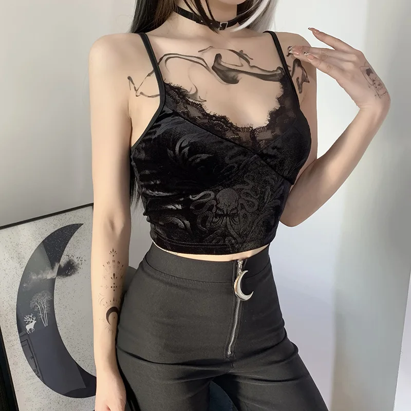 Black Gothic Camis Deep V Neck Sexy Short-length Strap Lace Hipster Outdoor Goth Camisole Women Basic Top 2021 Summer Lady Cool