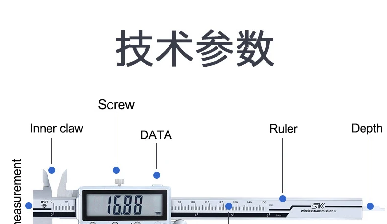 0-300mm, alta precisão, bluetooth, aço inoxidável, display digital