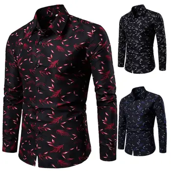 

Casual Shirt Men lapel Long Sleeve Leaf Print Buttons Slim Plus Size Shirt