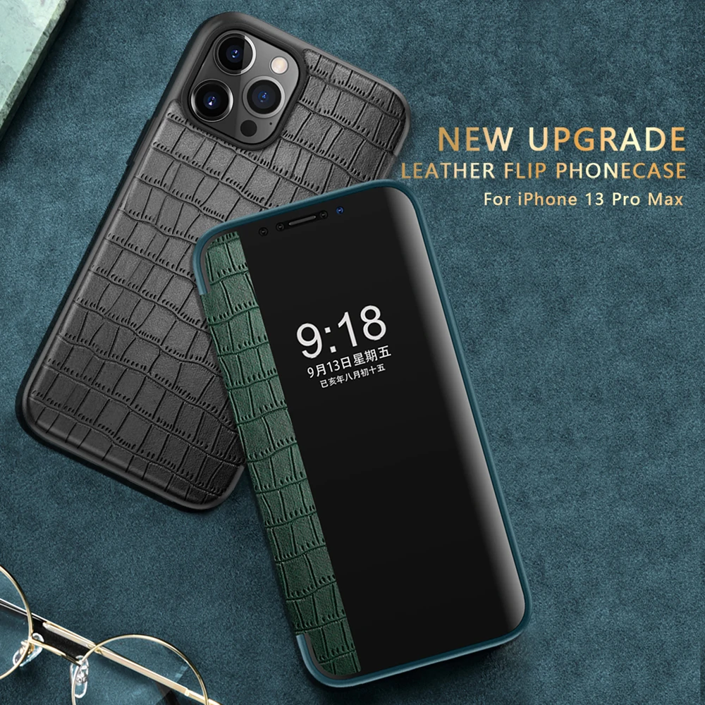 For iPhone 13 Pro Max Crocodile Skin Smart Window View Leather case iPhone13 PU Luxury Flip Cover for Apple iPhone 13 Mini Book iphone 13 mini mobile phone cases