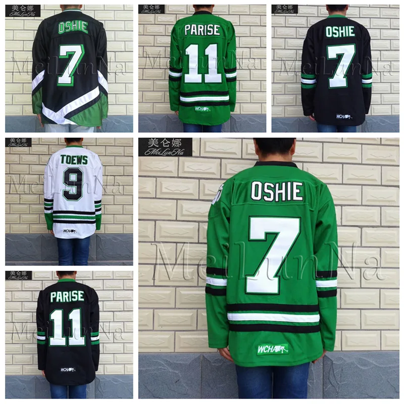 

MeiLunNa Men Youth North Dakota Fighting Sioux 7 TJ Oshie 9 Jonathan Toews 11 Zach Parise Blank Jerseys Green Black White