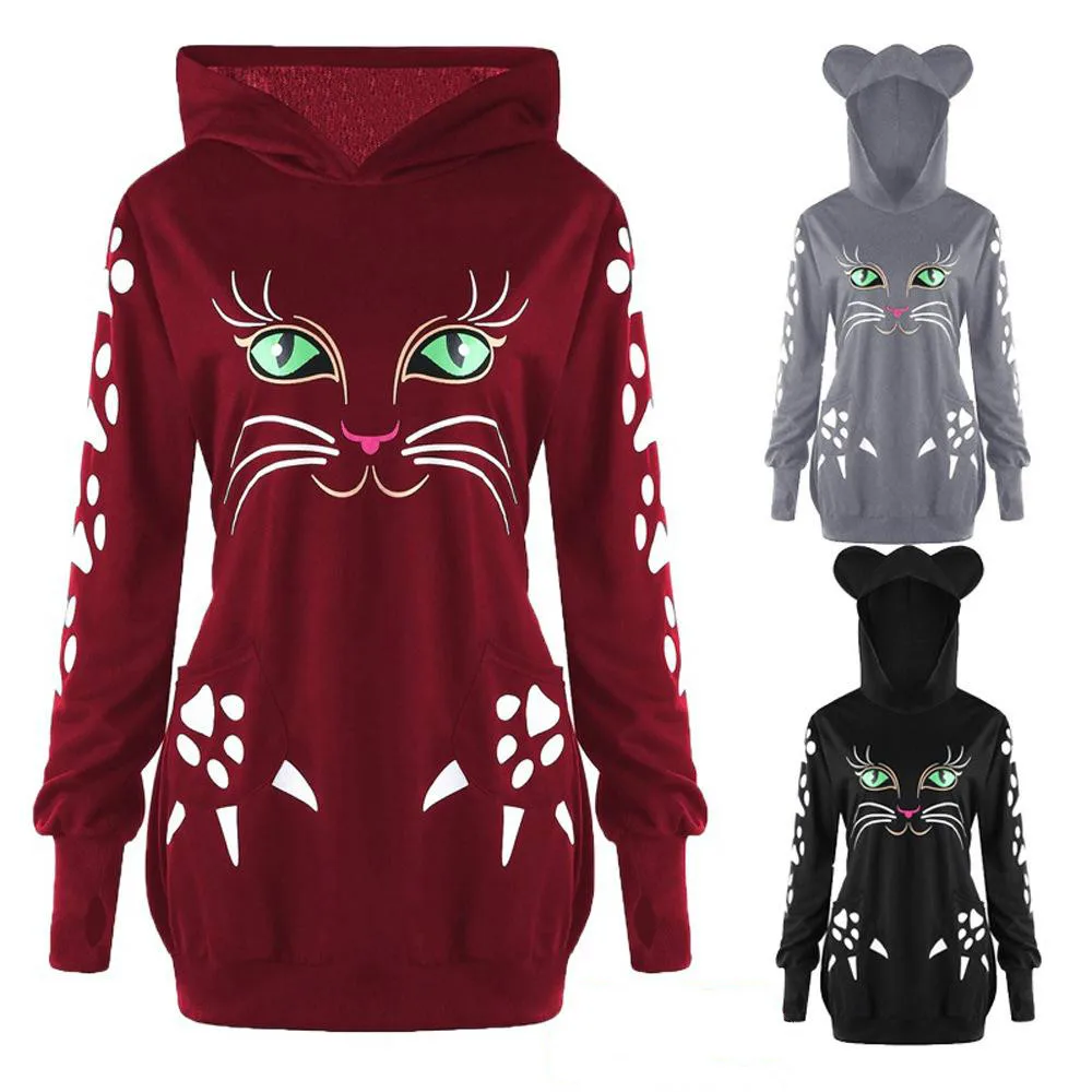 

Autumn Cat Print Long Hooded Sweatershirt Women Winter Fashion Loose Plus Size Hooded Pullover