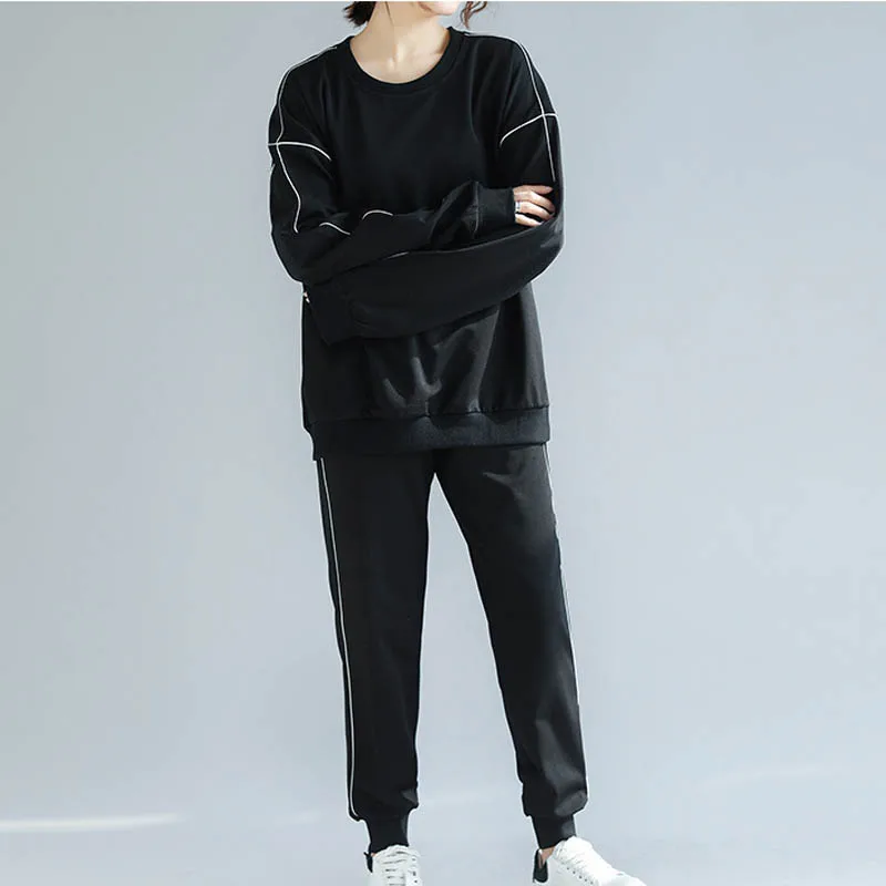 Осенние свитшоты для женщин размера плюс, обхват груди 130 см, 6XL, 7XL, комплект свитеров черного цвета, комплект из двух предметов