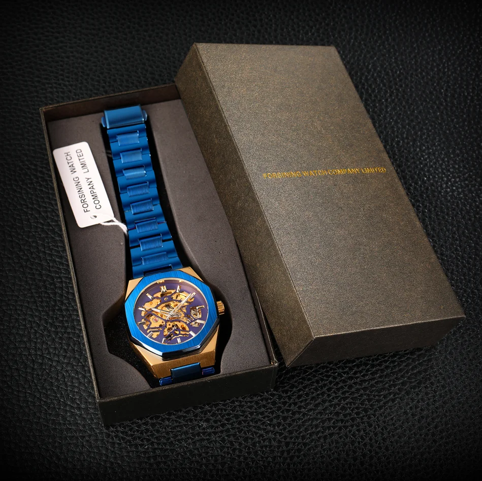 FORSINING brand watch men mechanical hollow watch fashion casual automatic blue stainless steel watch FSG8198