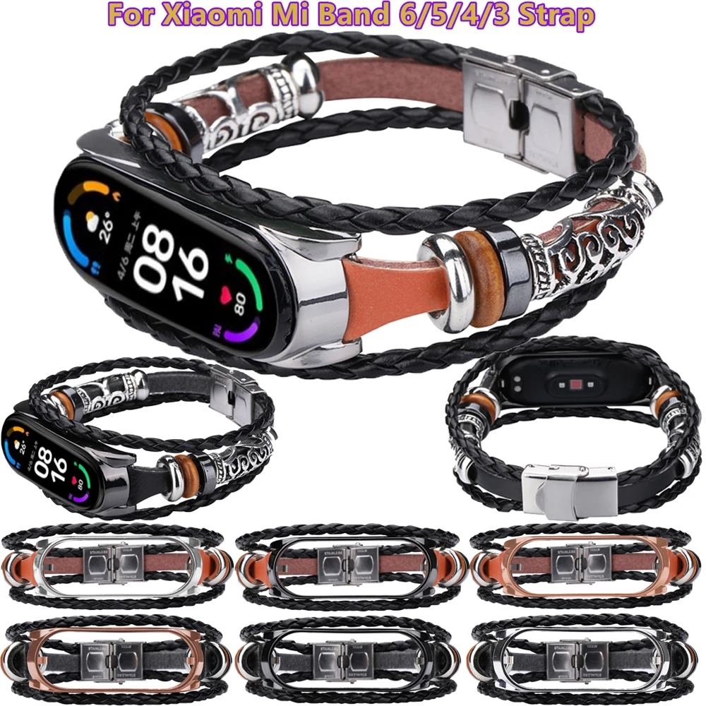 Кожаный плетеный браслет с веревкой для Xiaomi Mi Band 6 5 4 3 Модный Ретро ремешок сделай