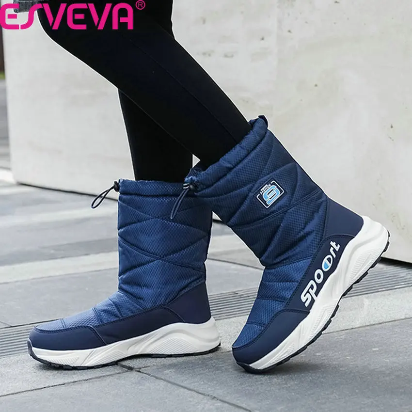 

ESVEVA 2020 Winter Warm Fur PU Leather Down All Match Mid Calf Boots Round Toe Platform Wedge Heel Slip on Women Shoes Size36-41